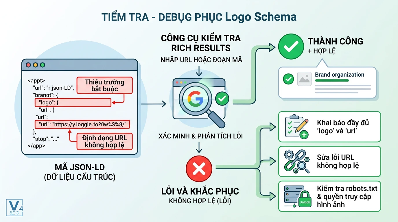 Quy trình sửa lỗi Logo Schema Quy trình kiểm tra và khắc phục các lỗi thường gặp của Logo Schema bằng công cụ Rich Results Test của Google.