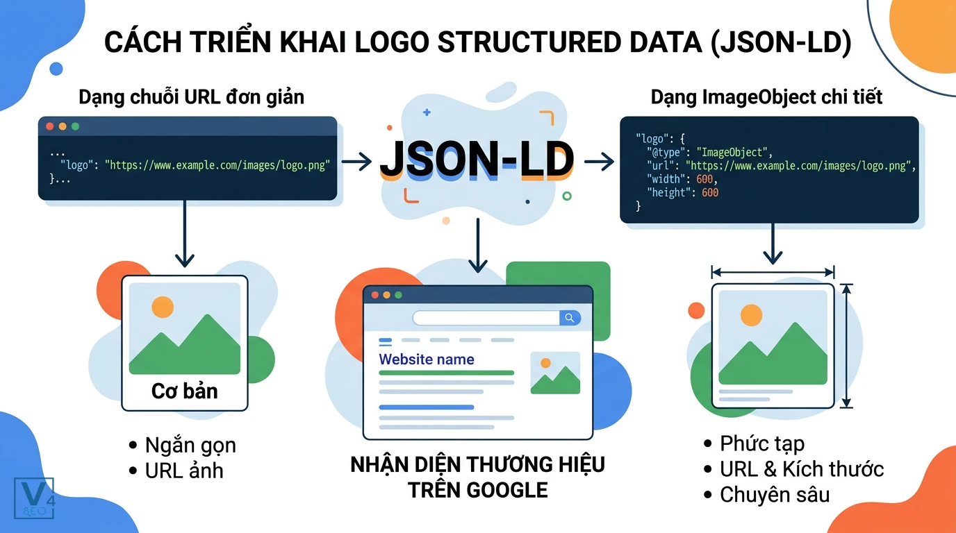 so-sanh-cach-trien-khai-logo-structured-data So sánh hai cách triển khai logo structured data bằng JSON-LD dạng chuỗi URL đơn giản và dạng ImageObject chi tiết.