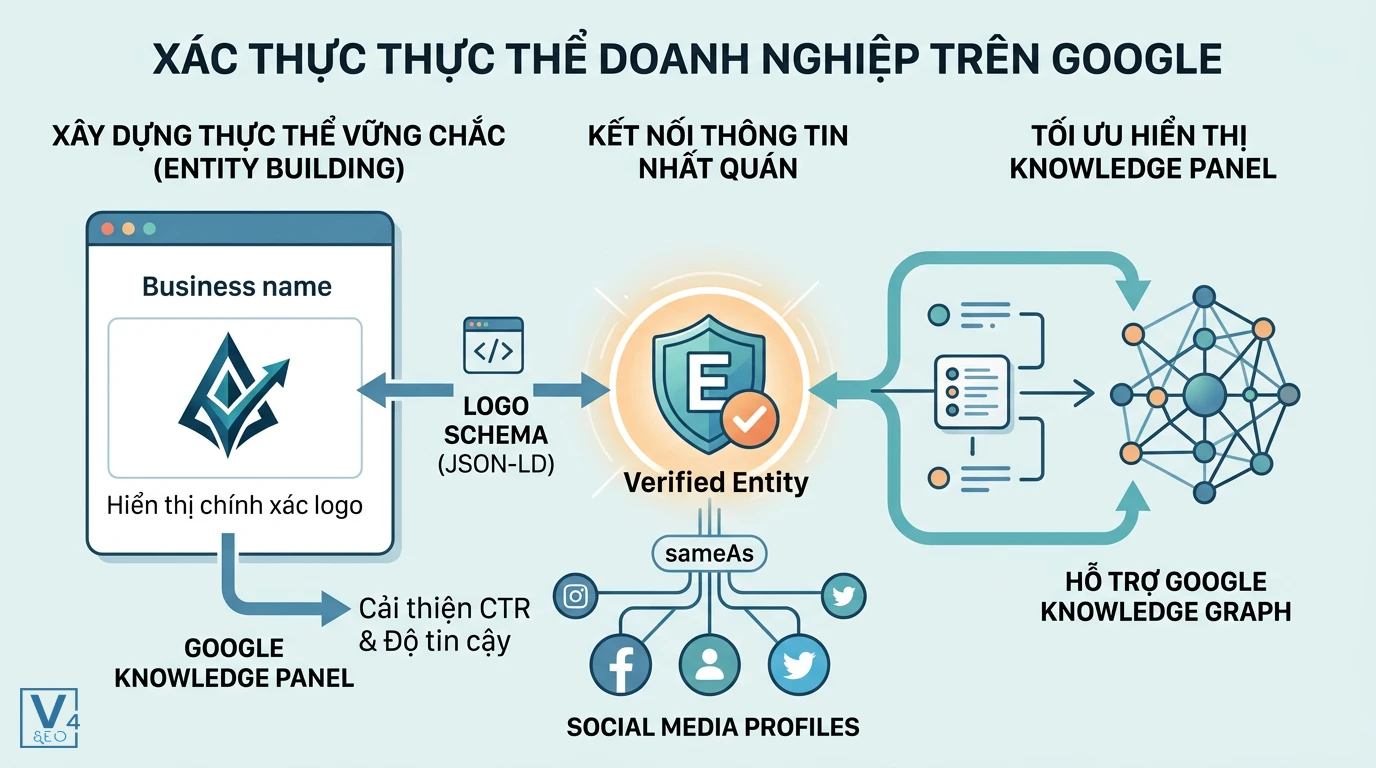 Quy trình xác thực thực thể doanh nghiệp bằng Logo Schema Cách khai báo Logo Schema kết hợp thuộc tính sameAs để xác thực thực thể doanh nghiệp và tối ưu hiển thị trên Google.