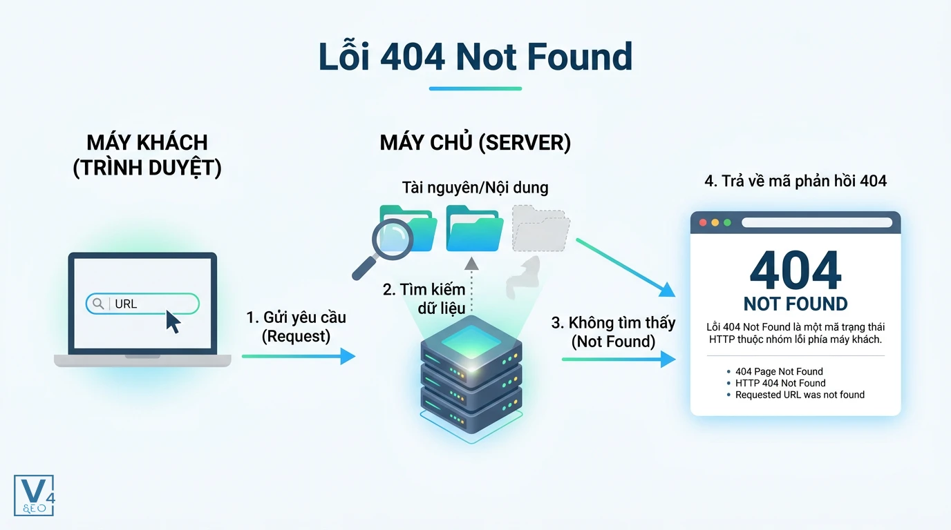 co-che-hoat-dong-loi-404-not-found Sơ đồ giải thích cơ chế hoạt động và nguyên nhân phát sinh lỗi 404 là gì giữa máy khách và máy chủ.