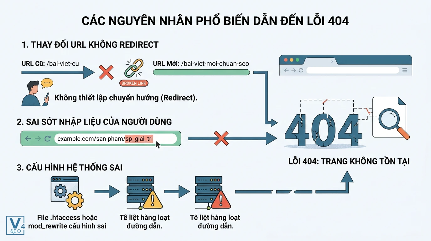 nguyen-nhan-pho-bien-gay-loi-404 Sơ đồ giải thích nguyên nhân lỗi 404 là gì do thay đổi URL không redirect, sai sót nhập liệu và cấu hình hệ thống lỗi