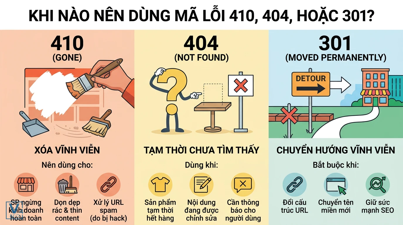 so-sanh-ma-loi-410-404-301 Bảng so sánh trường hợp sử dụng mã lỗi 410, 404 và redirect 301 trong quản trị website và SEO.