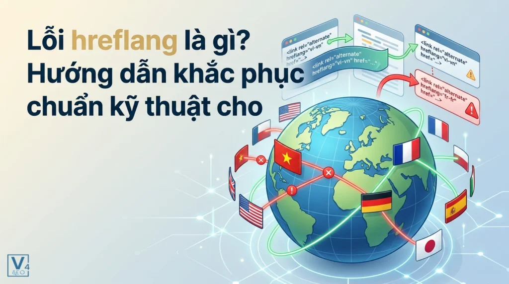 Mô phỏng sự cố kết nối thẻ ngôn ngữ giữa các phiên bản quốc gia gây ra lỗi hreflang trên website đa ngôn ngữ.