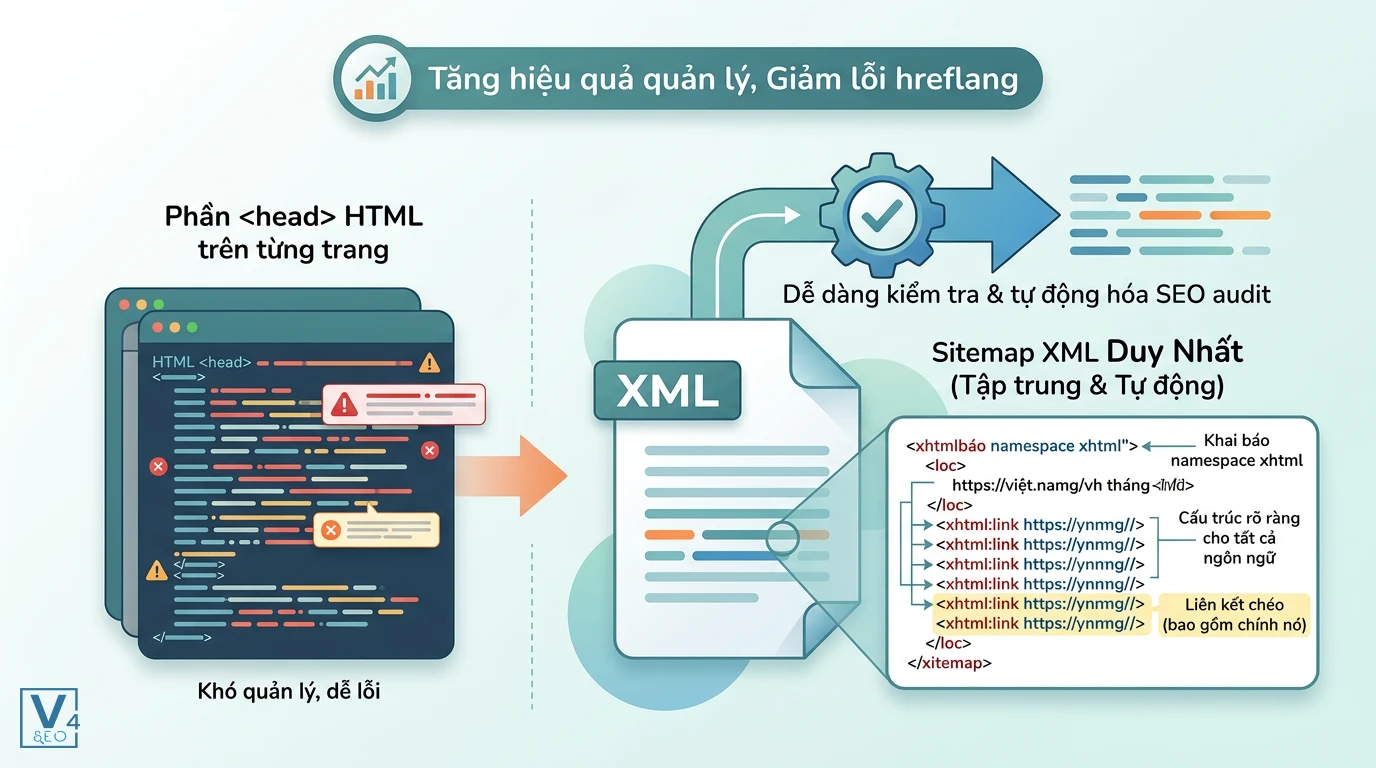 phuong-phap-khai-bao-hreflang-sitemap So sánh khai báo hreflang trong HTML dễ lỗi với phương pháp dùng XML sitemap tập trung giúp tối ưu hóa SEO audit.