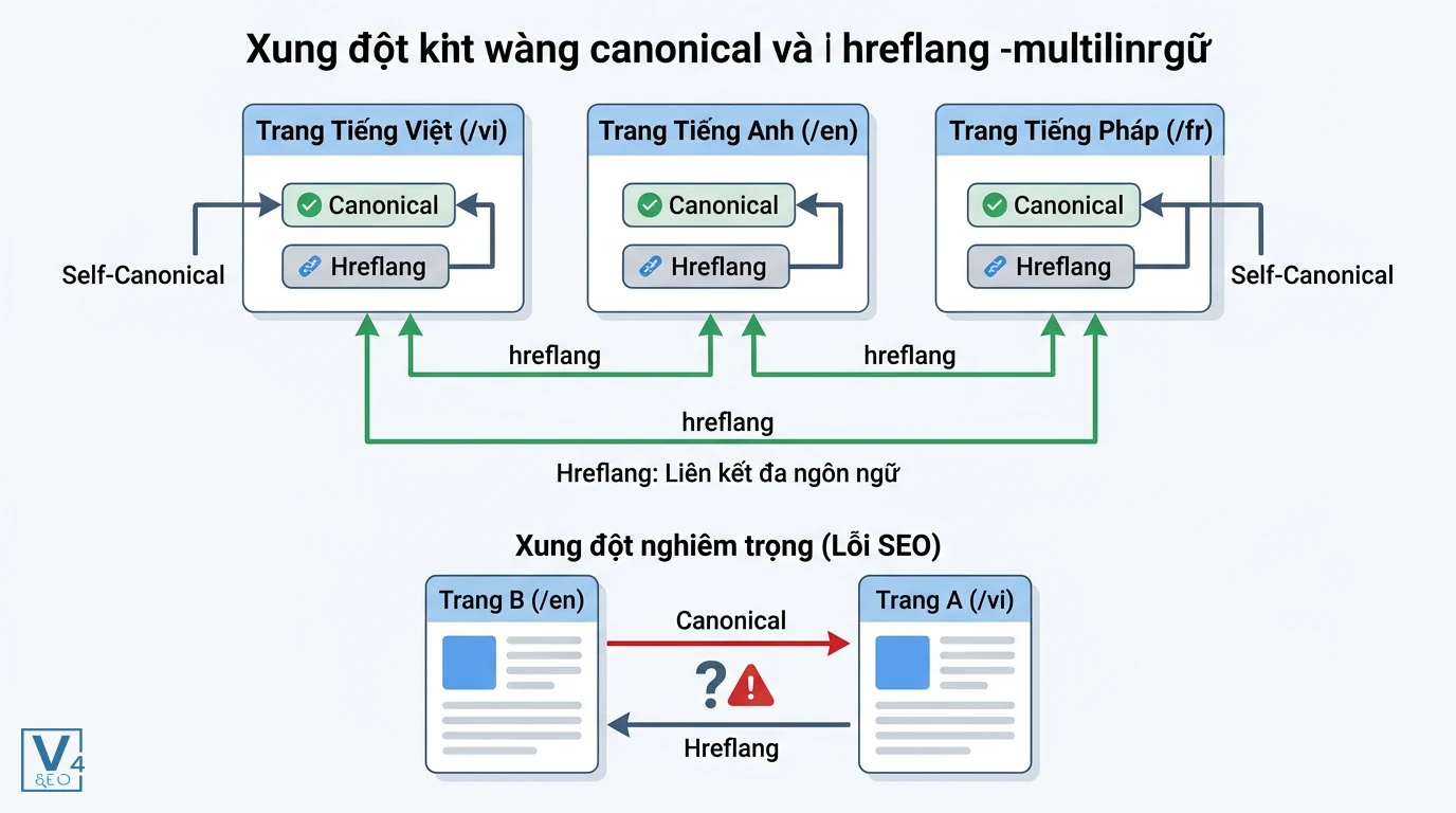 xung-dot-canonical-va-hreflang-seo Sơ đồ so sánh cấu hình self-canonical chuẩn với lỗi xung đột canonical và hreflang gây bối rối cho Googlebot.