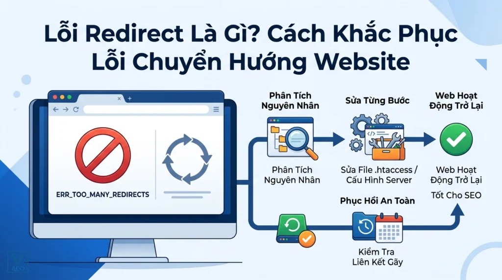 Sơ đồ quy trình 3 bước xử lý lỗi redirect vòng lặp vô hạn giúp khôi phục hoạt động website an toàn cho SEO.