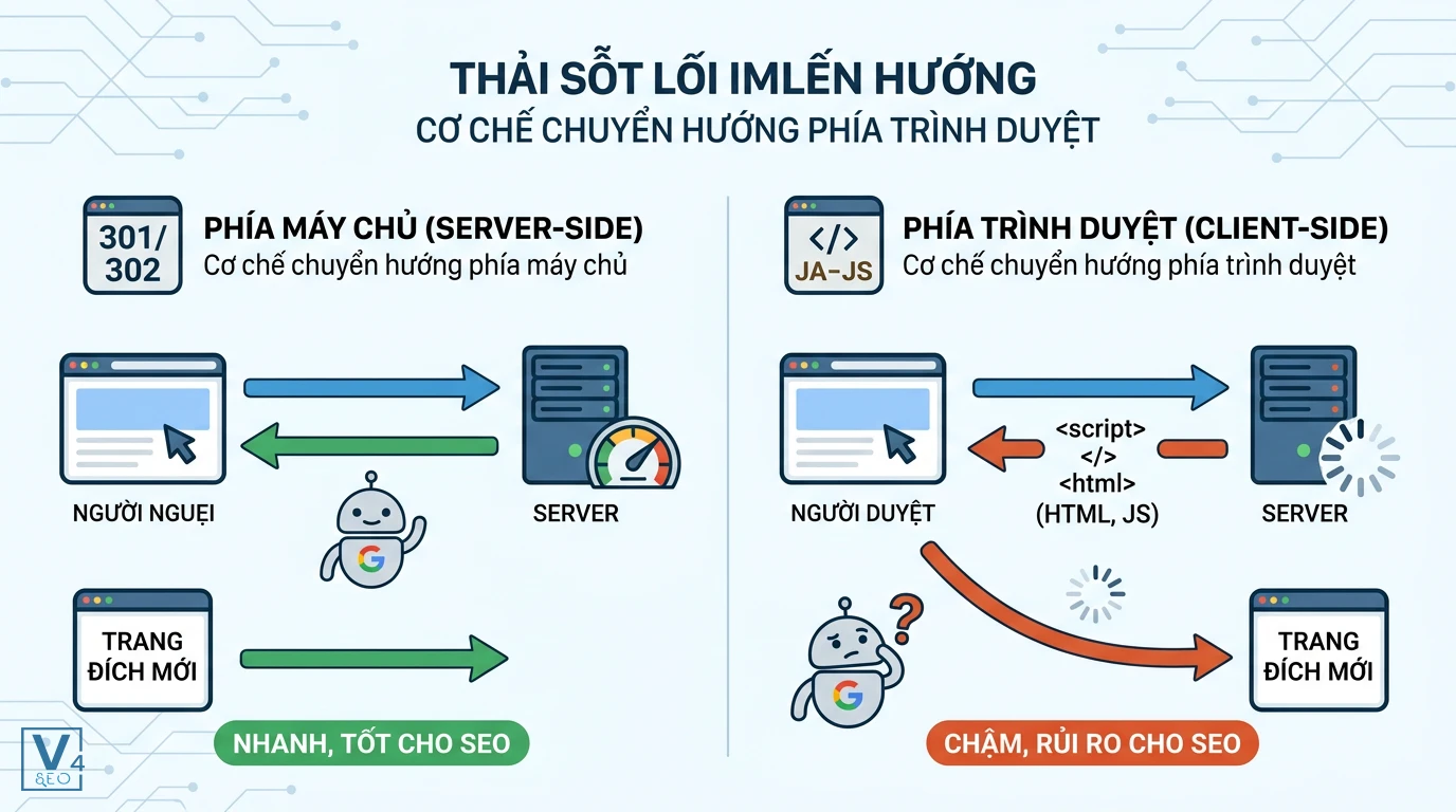 so-sanh-co-che-chuyen-huong-server-side-va-client-side So sánh cơ chế chuyển hướng phía máy chủ nhanh tốt cho SEO và phía trình duyệt chậm rủi ro dễ gây lỗi redirect.