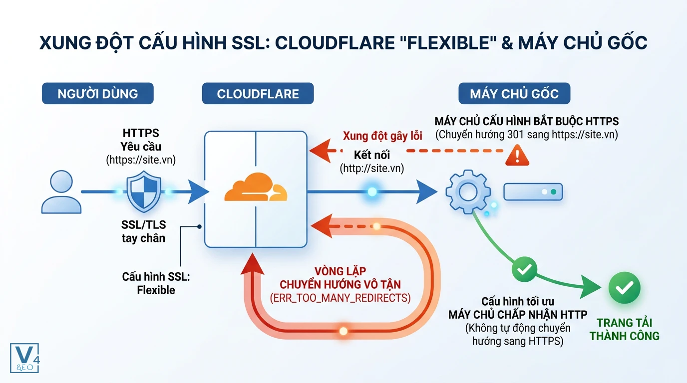 xung-dot-ssl-cloudflare-gay-loi-redirect Sơ đồ giải thích lỗi redirect vòng lặp vô hạn do xung đột cấu hình Flexible SSL giữa Cloudflare và máy chủ gốc.