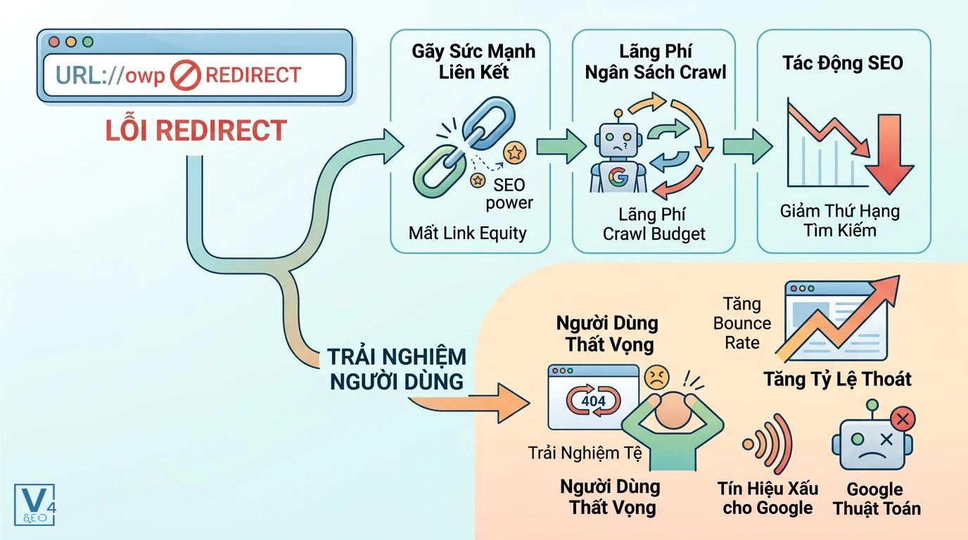 tac-dong-cua-loi-redirect-den-seo Sơ đồ phân tích tác hại của lỗi redirect đối với hiệu suất SEO và trải nghiệm người dùng trên website.