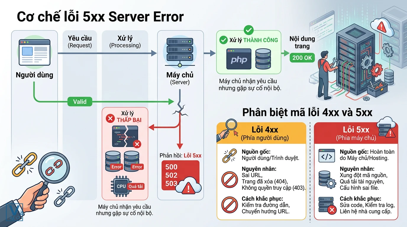 co-che-hoat-dong-va-phan-biet-loi-5xx Sơ đồ giải thích cơ chế hoạt động lỗi server 5xx là gì và bảng so sánh phân biệt với lỗi 4xx.