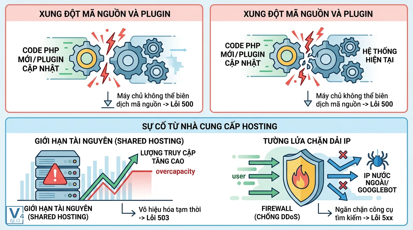 nguyen-nhan-gay-loi-server-5xx Sơ đồ giải thích nguyên nhân gây lỗi server 5xx do xung đột mã nguồn PHP và sự cố giới hạn tài nguyên hosting.