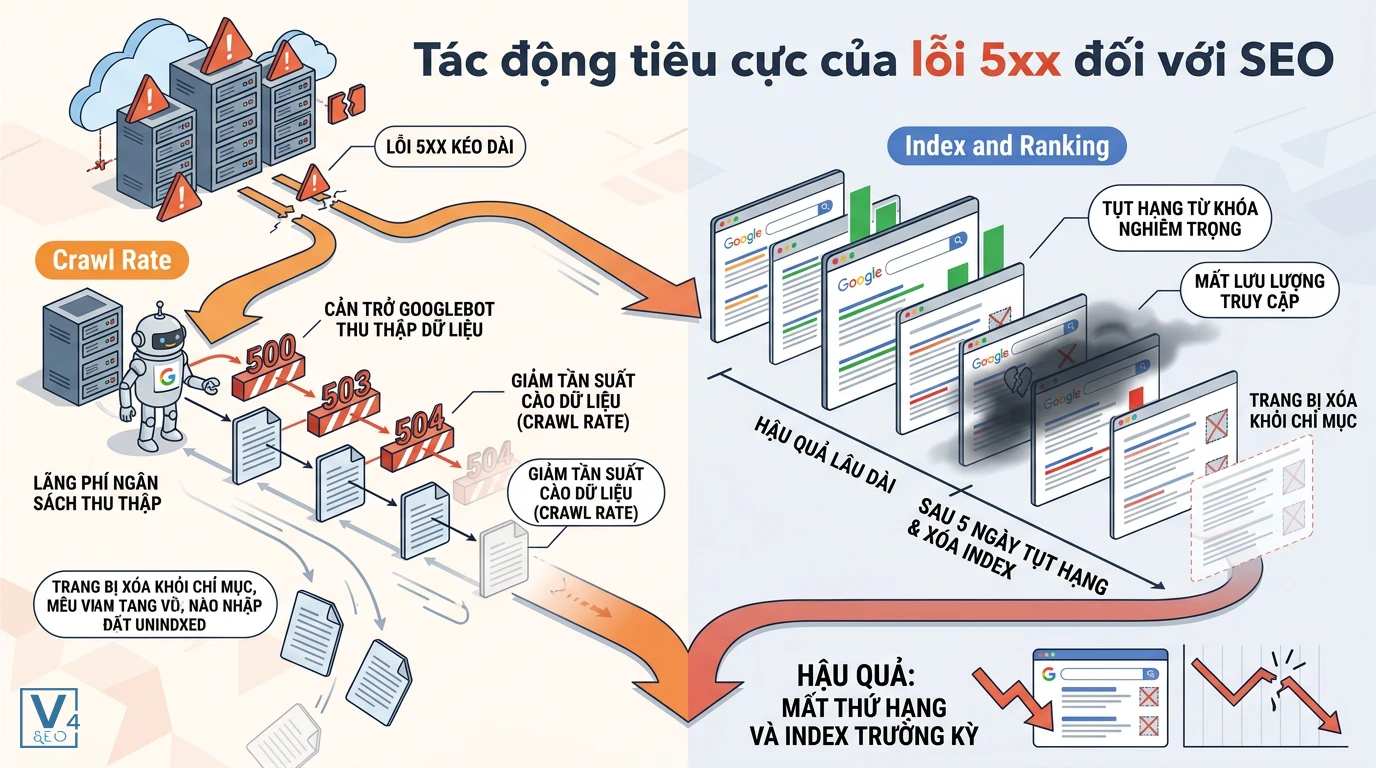 tac-dong-cua-loi-5xx-den-seo Sơ đồ tác hại của lỗi server 5xx là gì đối với SEO, gây cản trở Googlebot và làm mất index website.