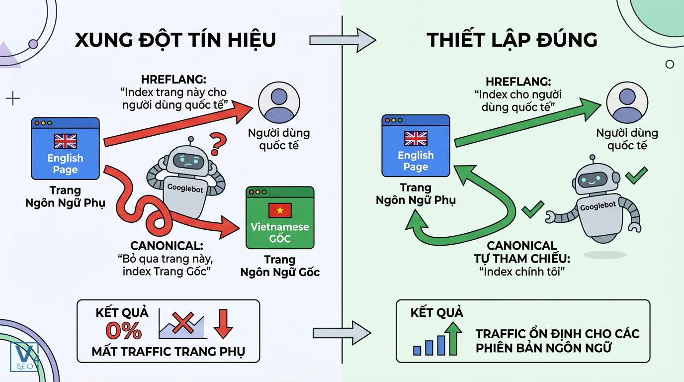 xung-dot-canonical-va-hreflang So sánh xung đột tín hiệu do mã hreflang sai và cách thiết lập canonical tự tham chiếu đúng chuẩn để giữ traffic.