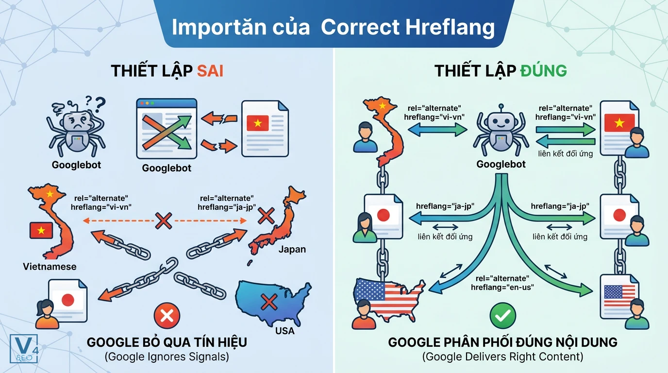 so-sanh-thiet-lap-hreflang-dung-va-sai So sánh hậu quả của mã hreflang sai khiến Googlebot bối rối và lợi ích khi thiết lập đúng để phân phối chuẩn nội dung.