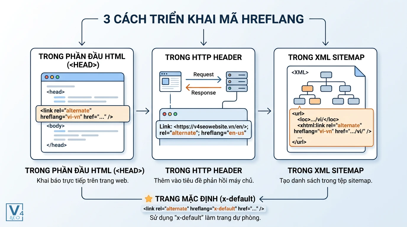phuong-phap-thiet-lap-hreflang Sơ đồ 3 phương pháp thiết lập mã ngôn ngữ-khu vực trong thẻ hreflang gồm HTML head, HTTP Header và XML Sitemap.