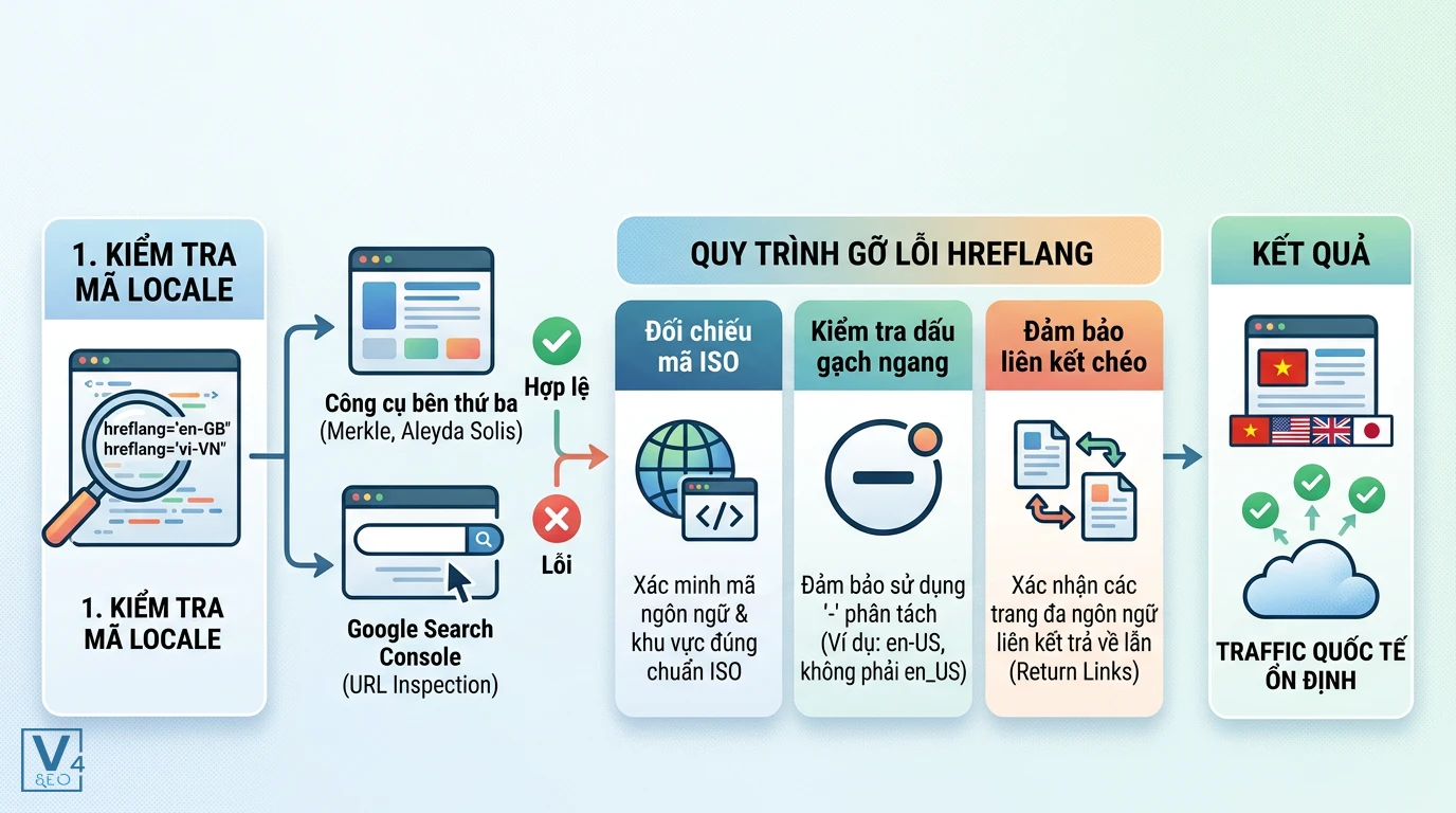 quy-trinh-kiem-tra-go-loi-hreflang Sơ đồ quy trình kiểm tra và gỡ lỗi hreflang giúp tối ưu hóa traffic quốc tế cho website đa ngôn ngữ.