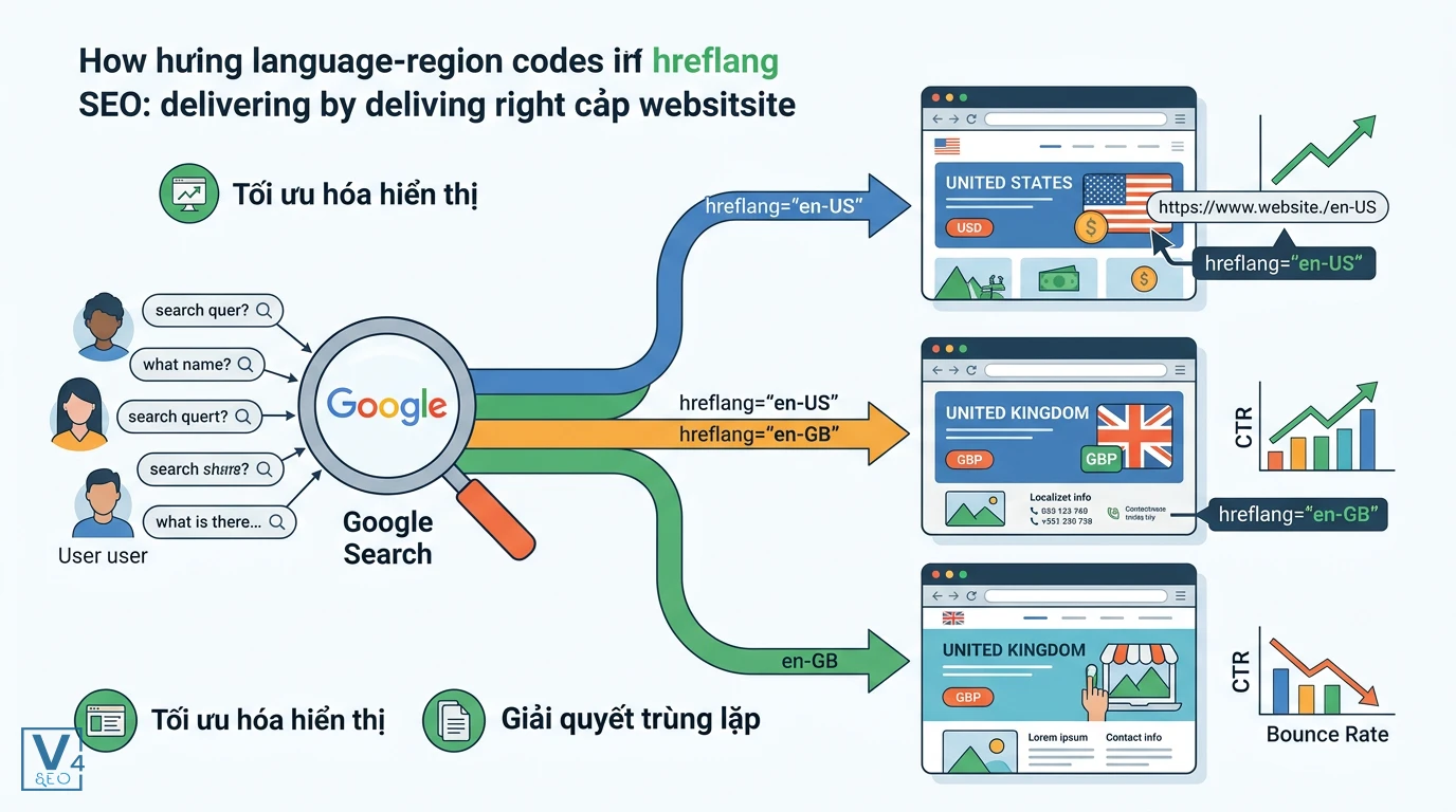 vai-tro-ma-ngon-ngu-khu-vuc-seo Sơ đồ cách Google dùng thẻ hreflang chứa mã ngôn ngữ-khu vực để phân phối đúng phiên bản web cho từng quốc gia.