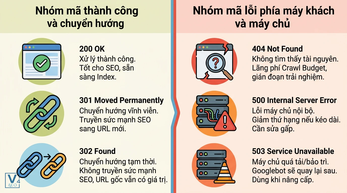 phan-loai-ma-trang-thai-http-seo Bảng so sánh các mã trạng thái HTTP phổ biến ảnh hưởng trực tiếp đến hiệu quả SEO và trải nghiệm người dùng.
