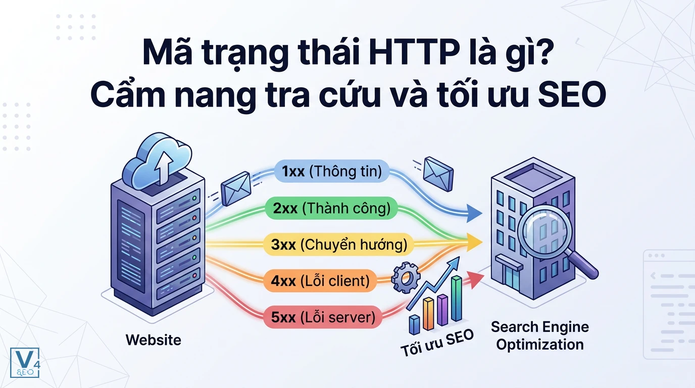 Sơ đồ phân loại 5 nhóm mã trạng thái HTTP từ 1xx đến 5xx và vai trò của chúng trong tối ưu hóa SEO website.