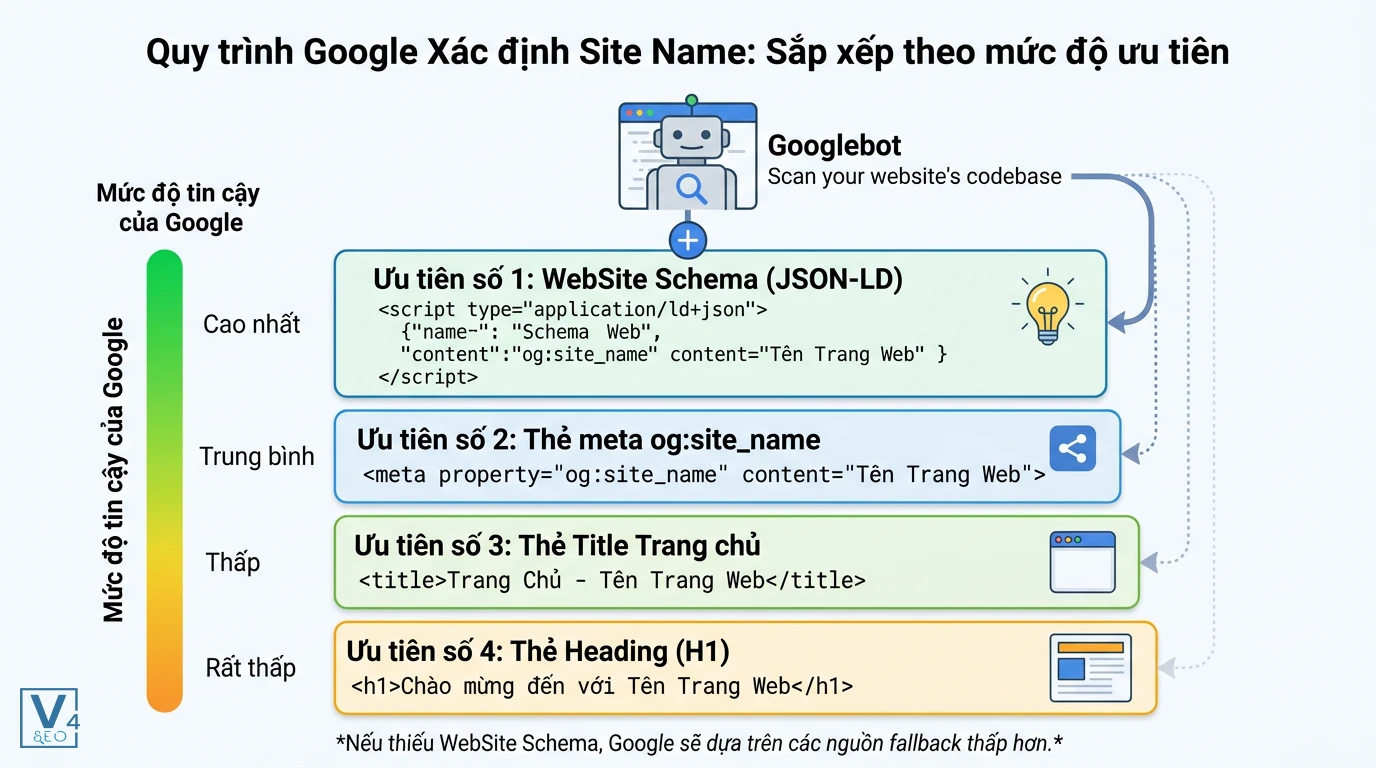 quy-trinh-google-xac-dinh-site-name Sơ đồ thứ tự ưu tiên của Google khi quét dữ liệu để xác định tên trang web từ Schema đến thẻ Heading.
