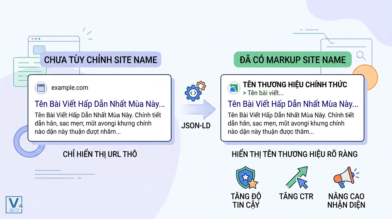 so-sanh-hieu-qua-markup-site-name So sánh hiển thị kết quả tìm kiếm trước và sau khi khai báo markup site name bằng JSON-LD giúp tăng nhận diện thương hiệu.