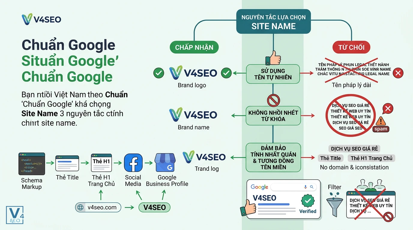 nguyen-tac-lua-chon-site-name-chuan-google Sơ đồ so sánh các tiêu chí được Google chấp nhận và từ chối khi thiết lập markup site name cho website doanh nghiệp.