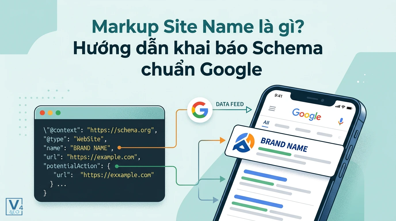 Mô hình chuyển đổi từ mã khai báo WebSite Schema sang hiển thị tên thương hiệu thực tế trên kết quả tìm kiếm Google