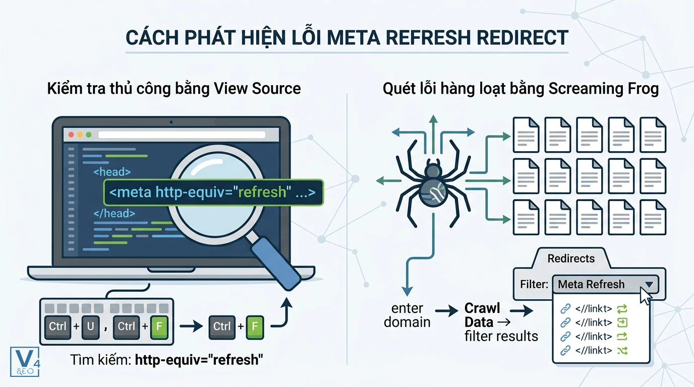 phuong-phap-phat-hien-meta-refresh-redirect Quy trình kiểm tra thủ công qua View Source và quét tự động bằng Screaming Frog để tìm lỗi meta refresh redirect.