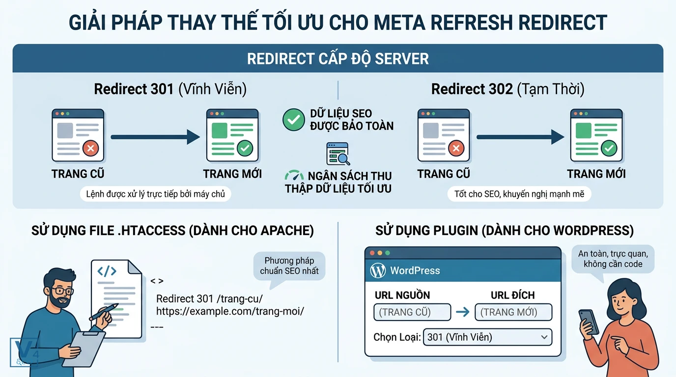 giai-phap-thay-the-meta-refresh-redirect So sánh redirect 301 và 302 cấp độ server cùng hai cách cấu hình tối ưu thay thế cho meta refresh redirect.