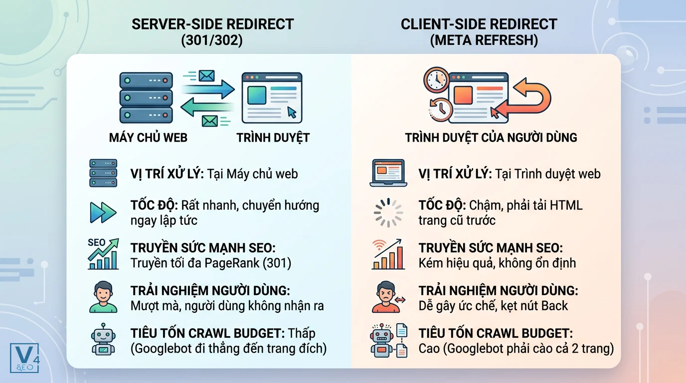so-sanh-server-side-va-client-side-redirect Bảng so sánh cơ chế hoạt động và hiệu quả SEO giữa Server-Side Redirect và Client-Side Redirect như meta refresh.