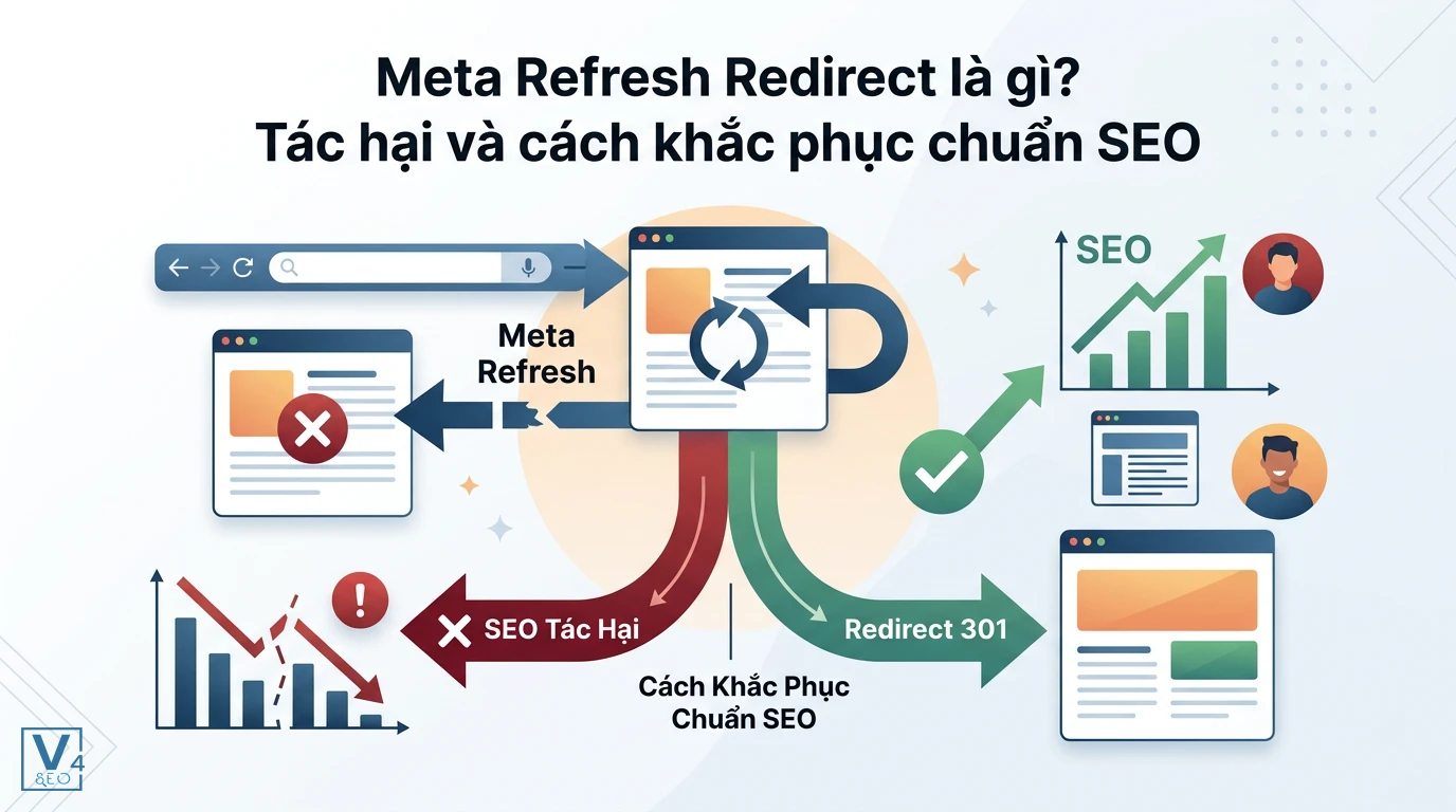Sơ đồ so sánh tác hại của meta refresh redirect và giải pháp thay thế bằng redirect 301 chuẩn SEO.