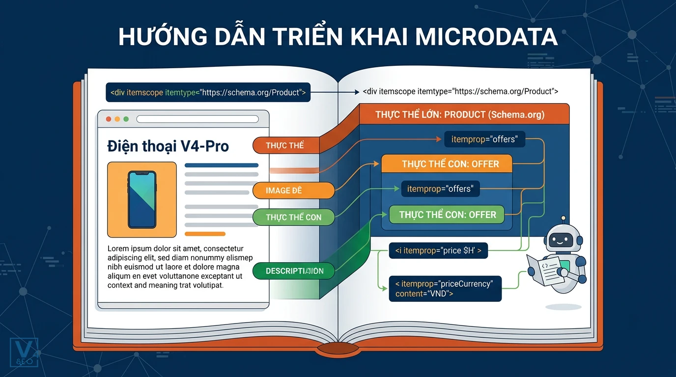 so-do-long-ghep-microdata-product-offer Sơ đồ lồng ghép các thực thể Product và Offer bằng Microdata để khai báo thông tin sản phẩm chuẩn Schema.org.