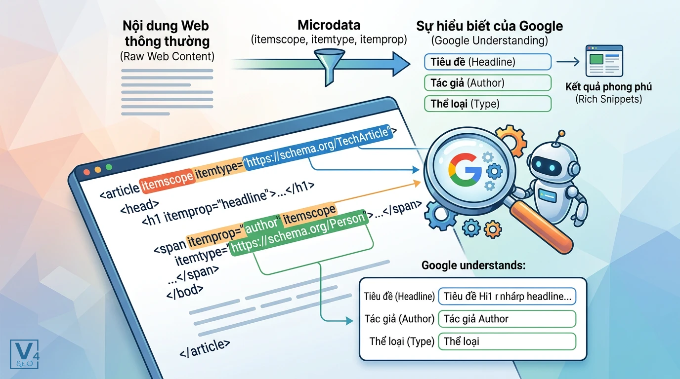 Cơ chế hoạt động của Microdata Cách Microdata chuyển đổi mã HTML thành dữ liệu cấu trúc giúp Google hiểu rõ ngữ cảnh trang web.