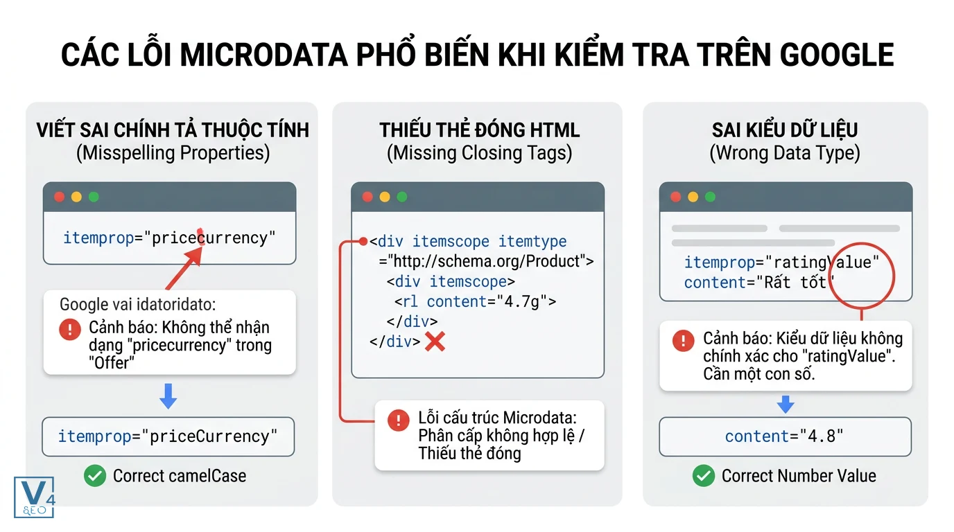 Các lỗi Microdata phổ biến trên Google Ba lỗi Microdata phổ biến gồm viết sai chính tả thuộc tính, thiếu thẻ đóng HTML và sai kiểu dữ liệu khi kiểm tra.