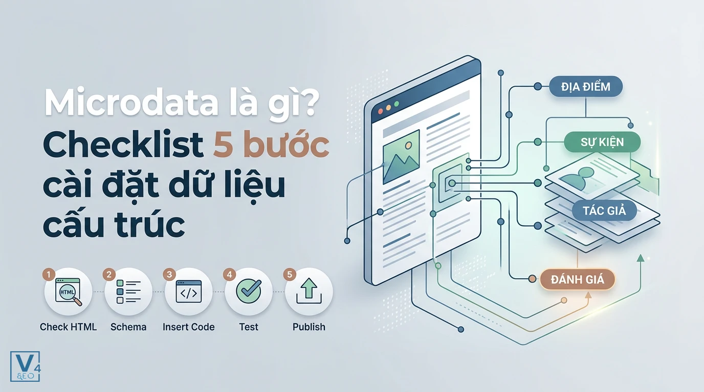 Sơ đồ quy trình 5 bước cài đặt dữ liệu cấu trúc Microdata chuẩn SEO cho website.