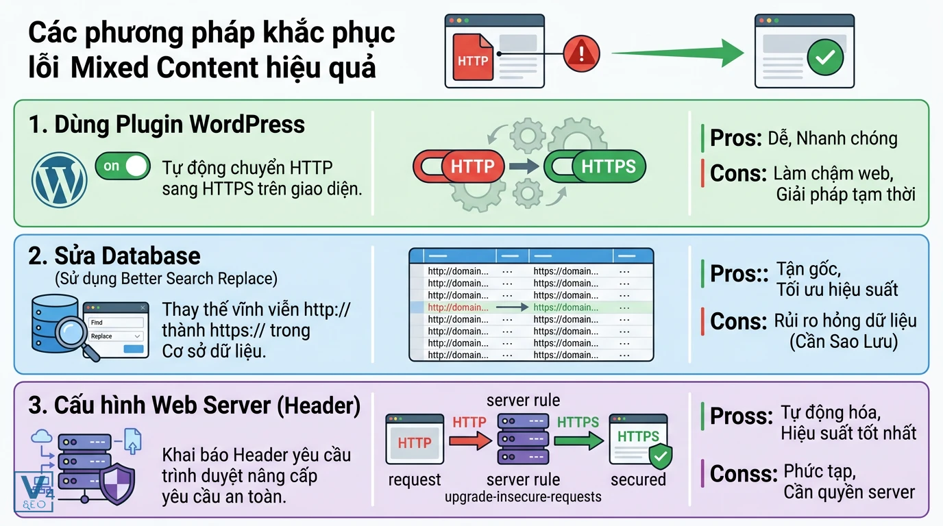 phuong-phap-sua-loi-mixed-content Bảng so sánh 3 phương pháp khắc phục lỗi mixed content gồm dùng plugin, sửa database và cấu hình web server.
