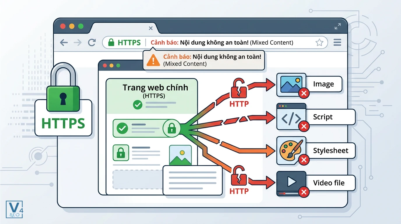 co-che-loi-mixed-content-website Sơ đồ giải thích cơ chế lỗi mixed content là gì khi trang HTTPS tải tài nguyên không bảo mật qua HTTP.