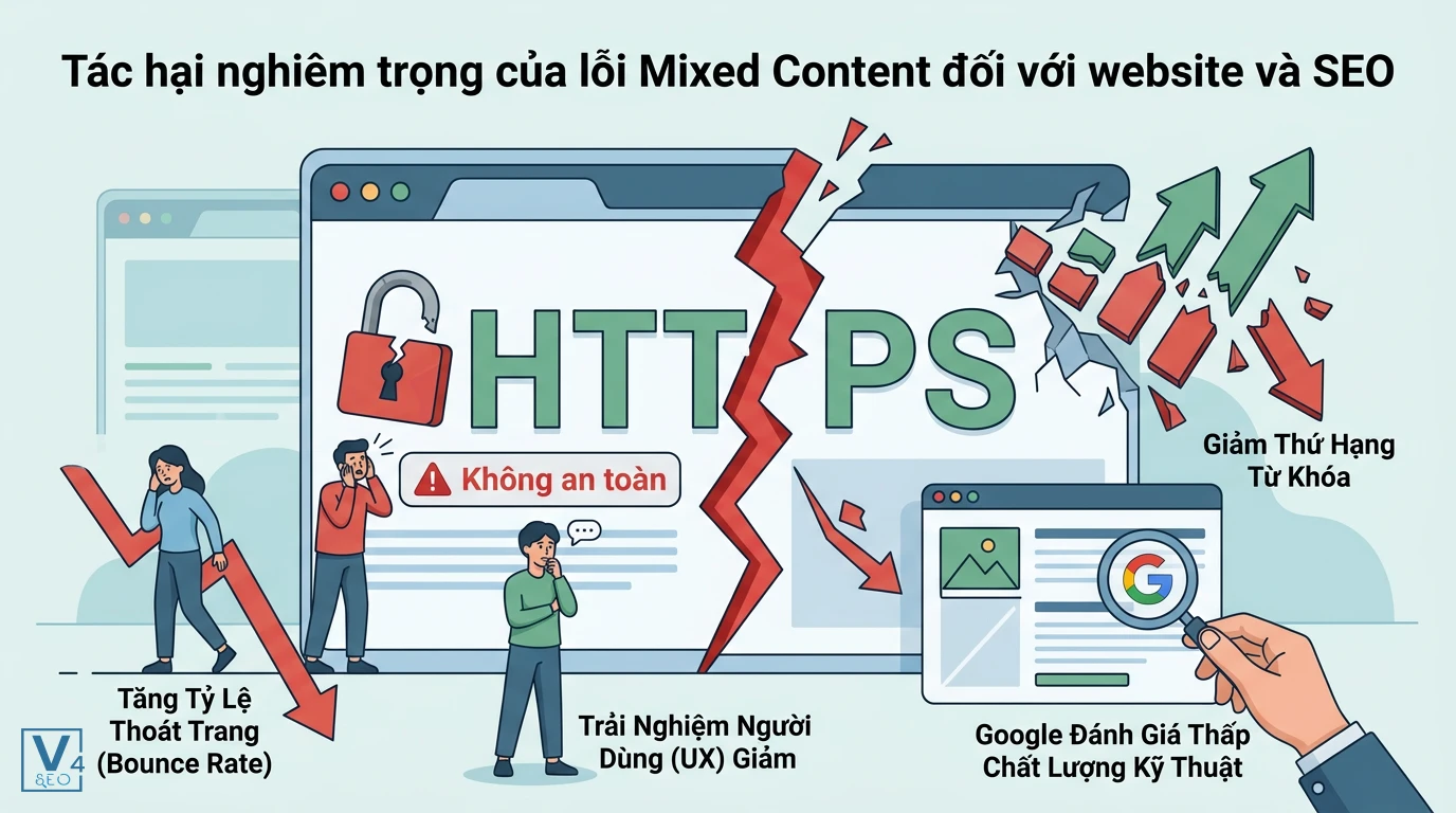 tac-hai-cua-loi-mixed-content-voi-seo Tác động tiêu cực của lỗi mixed content làm giảm trải nghiệm người dùng, tăng tỷ lệ thoát và hạ thấp thứ hạng SEO.