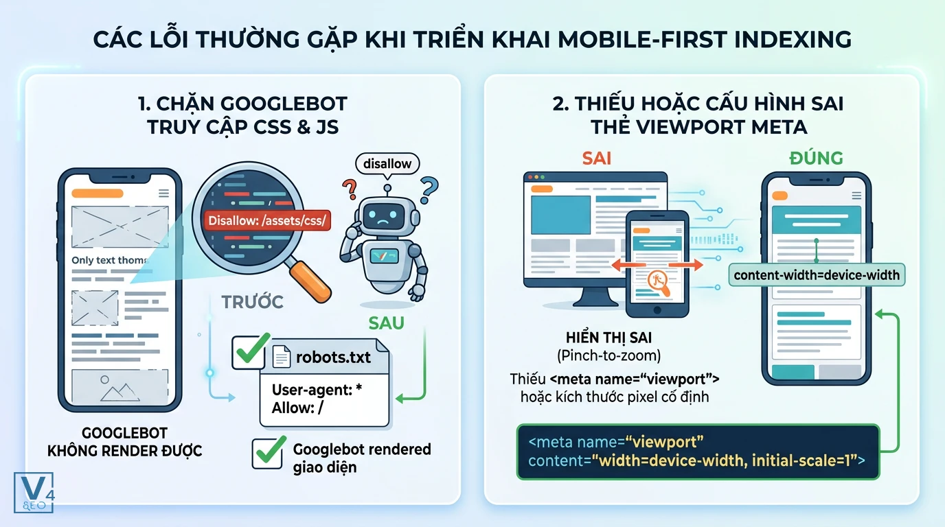 cac-loi-mobile-first-indexing Minh họa hai sai lầm kỹ thuật phổ biến cản trở mobile-first indexing gồm chặn CSS/JS và thiếu thẻ viewport meta.