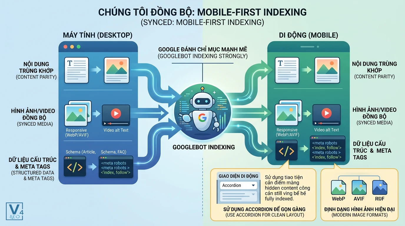 checklist-dong-bo-website-mobile-first-indexing Sơ đồ đồng bộ nội dung, hình ảnh và dữ liệu cấu trúc giữa desktop và mobile giúp tối ưu mobile-first indexing.
