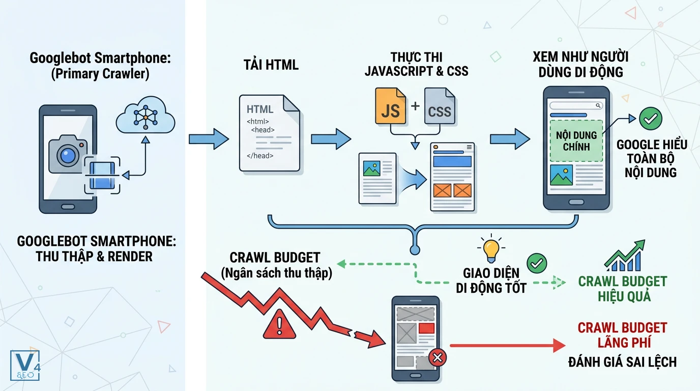 co-che-hoat-dong-googlebot-smartphone Quy trình Googlebot Smartphone thu thập dữ liệu, render HTML, JS, CSS và tác động của nó đến ngân sách Crawl Budget.