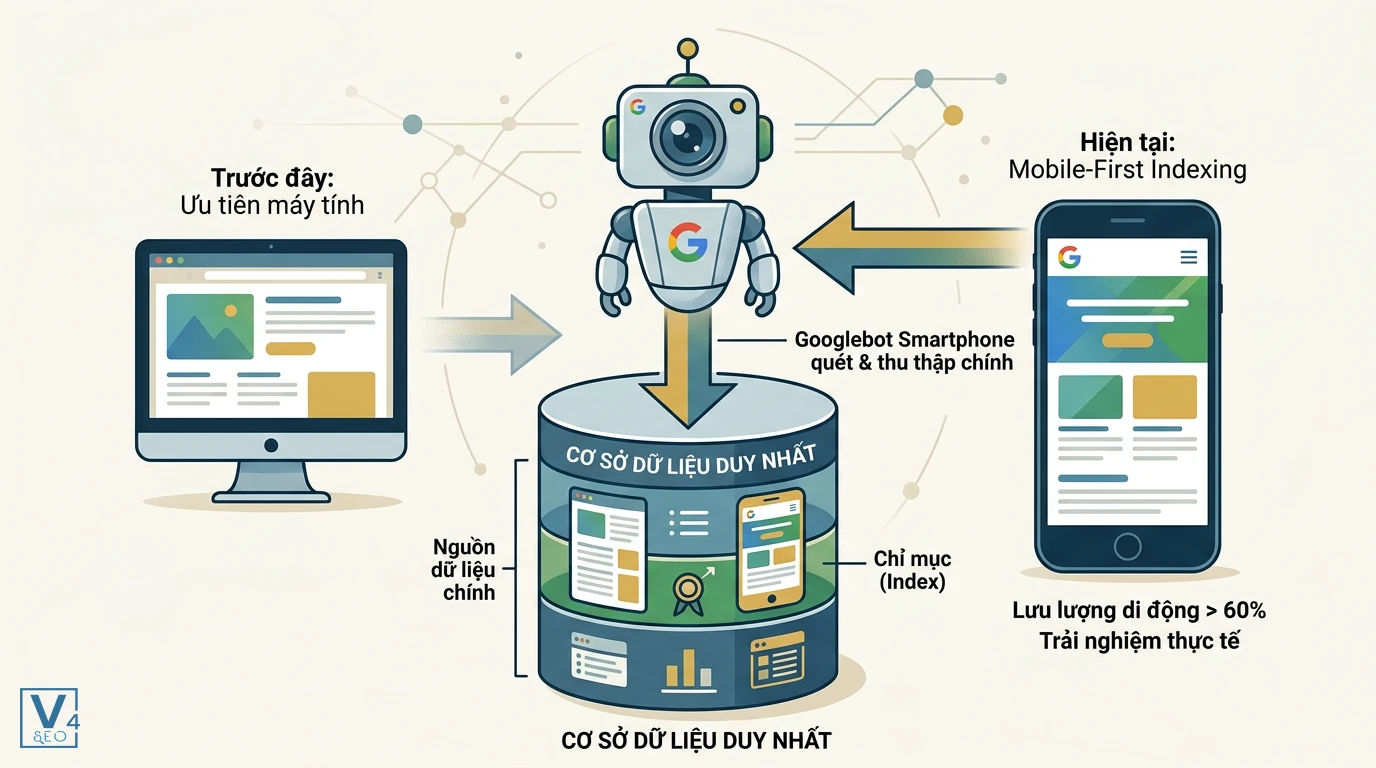 co-che-hoat-dong-mobile-first-indexing Sơ đồ so sánh cơ chế thu thập dữ liệu cũ ưu tiên máy tính và cơ chế mobile-first indexing mới của Google.