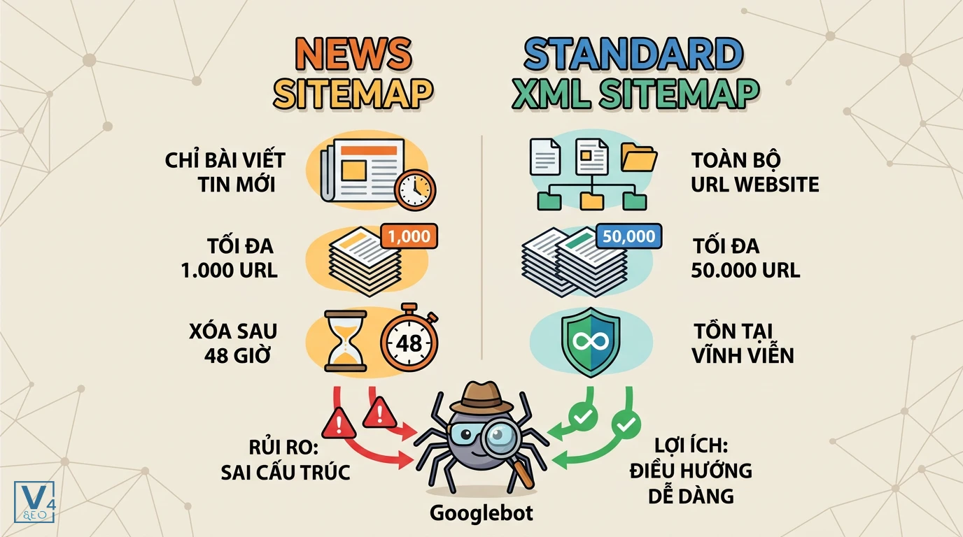 so-sanh-news-sitemap-va-xml-sitemap Bảng so sánh News Sitemap và Standard XML Sitemap về đối tượng chứa, giới hạn URL và thời gian tồn tại.