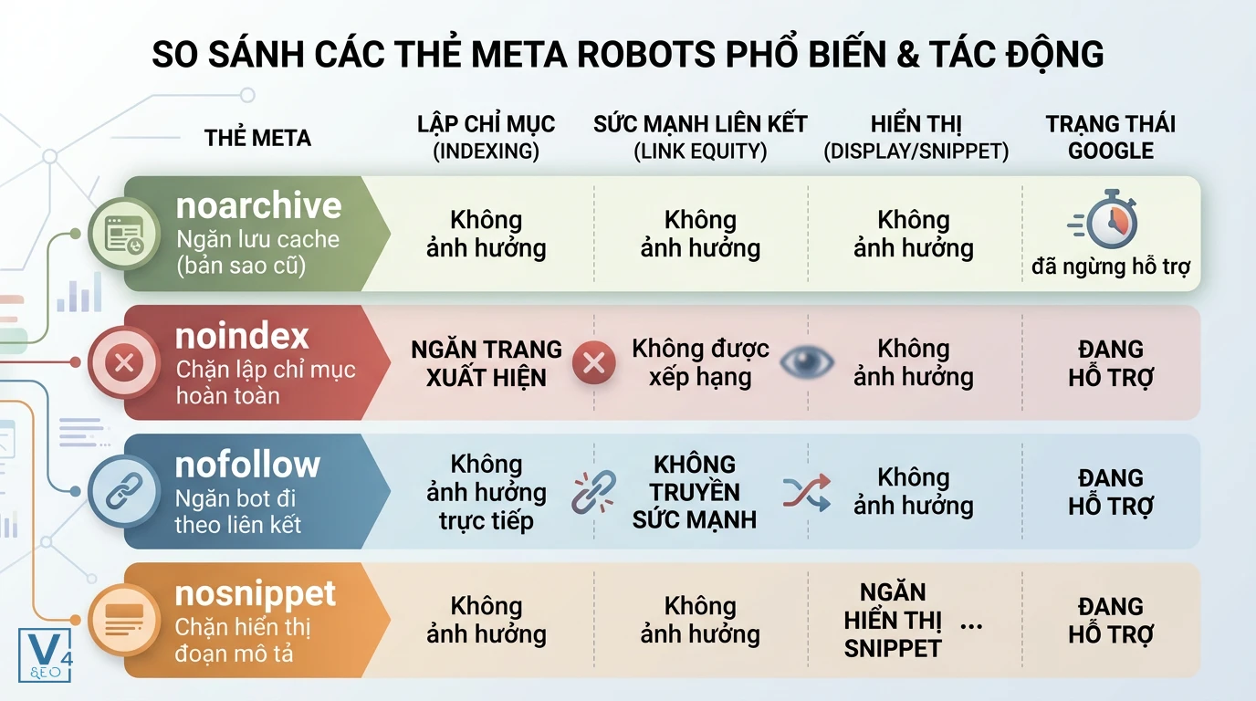 so-sanh-noarchive-va-meta-robots Bảng so sánh tác động của thẻ noarchive với noindex, nofollow và nosnippet lên lập chỉ mục và xếp hạng tìm kiếm.