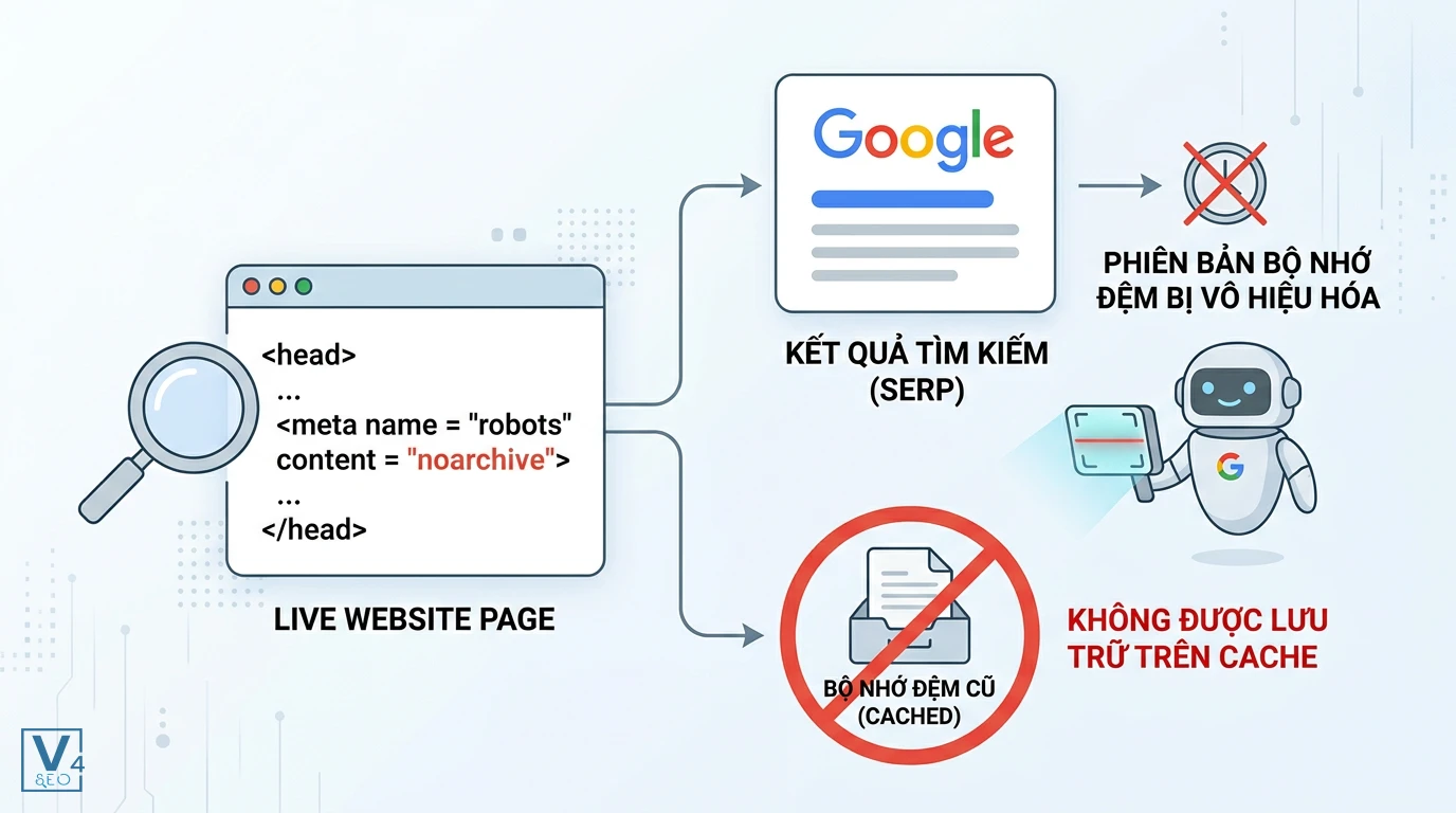 co-che-hoat-dong-the-noarchive Sơ đồ cơ chế hoạt động của thẻ noarchive ngăn chặn Googlebot lưu bản cache và vô hiệu hóa bộ nhớ đệm trên kết quả tìm kiếm.