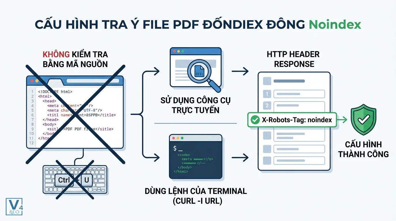 quy-trinh-kiem-tra-noindex-pdf Quy trình kiểm tra cấu hình noindex PDF thành công bằng công cụ trực tuyến hoặc lệnh curl thay vì xem mã nguồn.