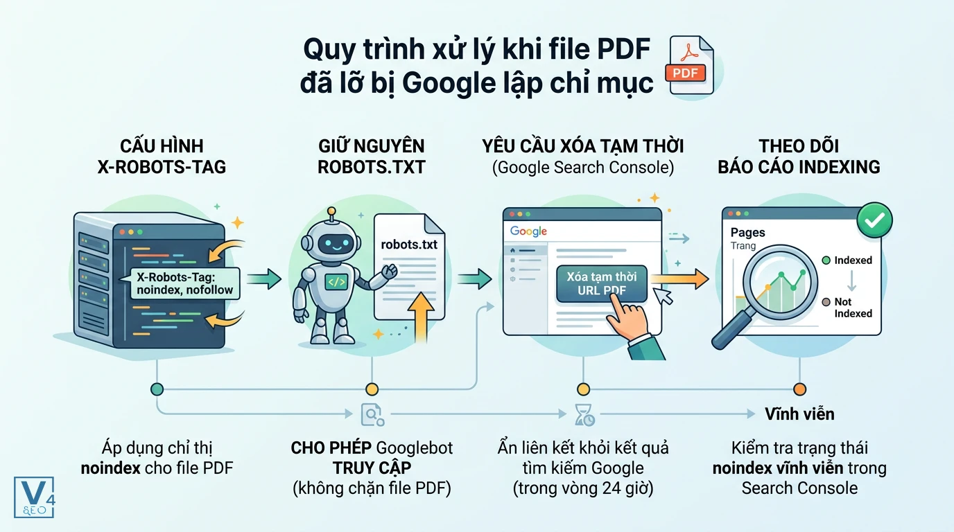 quy-trinh-go-bo-index-pdf Sơ đồ 4 bước xử lý khẩn cấp và triệt để khi file PDF vô tình bị Google lập chỉ mục tìm kiếm.