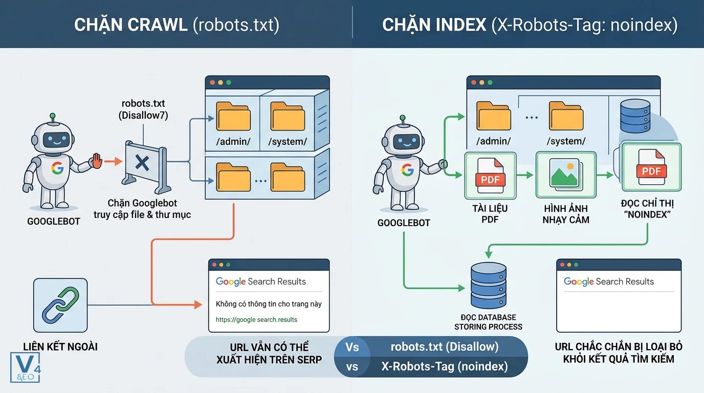 so-sanh-robots-txt-va-x-robots-tag-noindex So sánh cơ chế chặn crawl bằng robots.txt khiến PDF vẫn bị index và chặn index triệt để bằng X-Robots-Tag noindex PDF.
