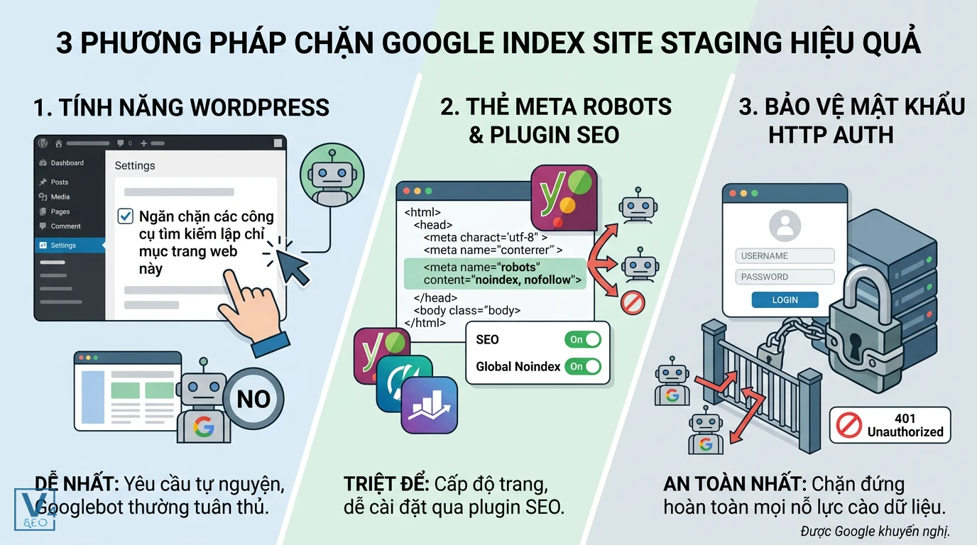 cac-phuong-phap-chan-google-index-site-staging So sánh 3 cách chặn Google index site staging gồm tính năng WordPress, thẻ meta robots và bảo mật HTTP Auth.