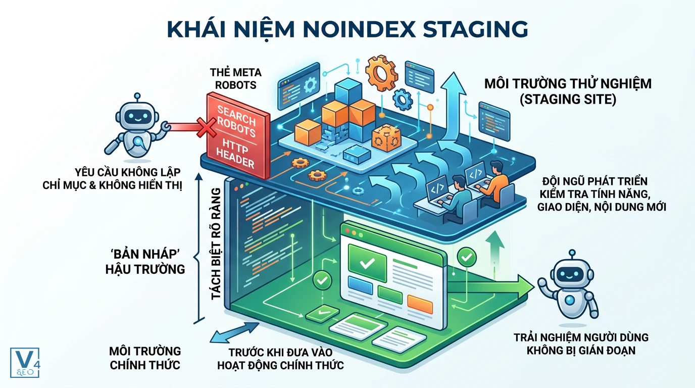 khai-niem-noindex-staging Sơ đồ giải thích khái niệm noindex staging giúp chặn bot tìm kiếm lập chỉ mục môi trường thử nghiệm